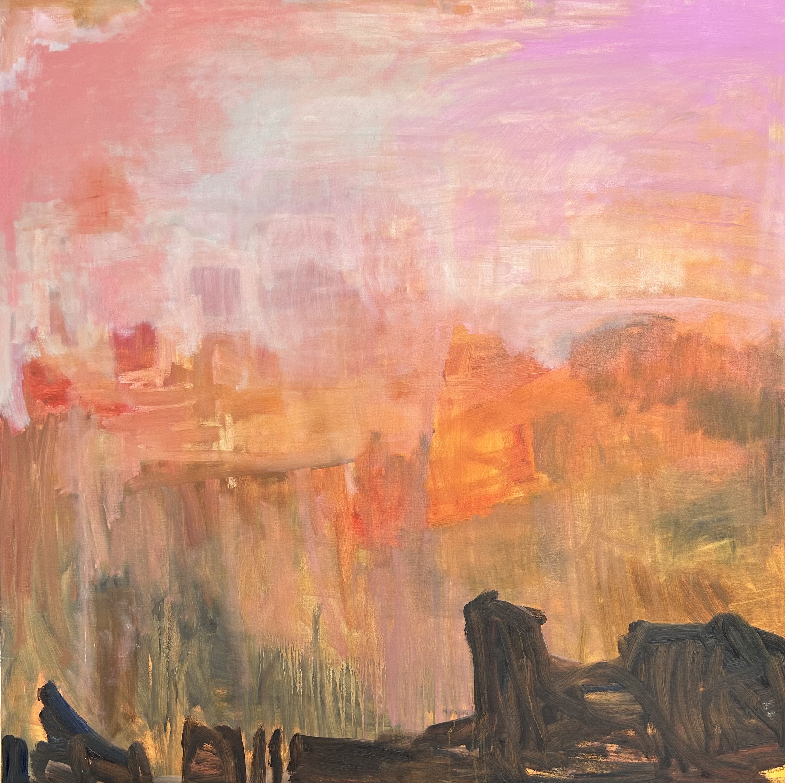 Soft pink, peach and orange brushstrokes falling into a dark abstract landscape.