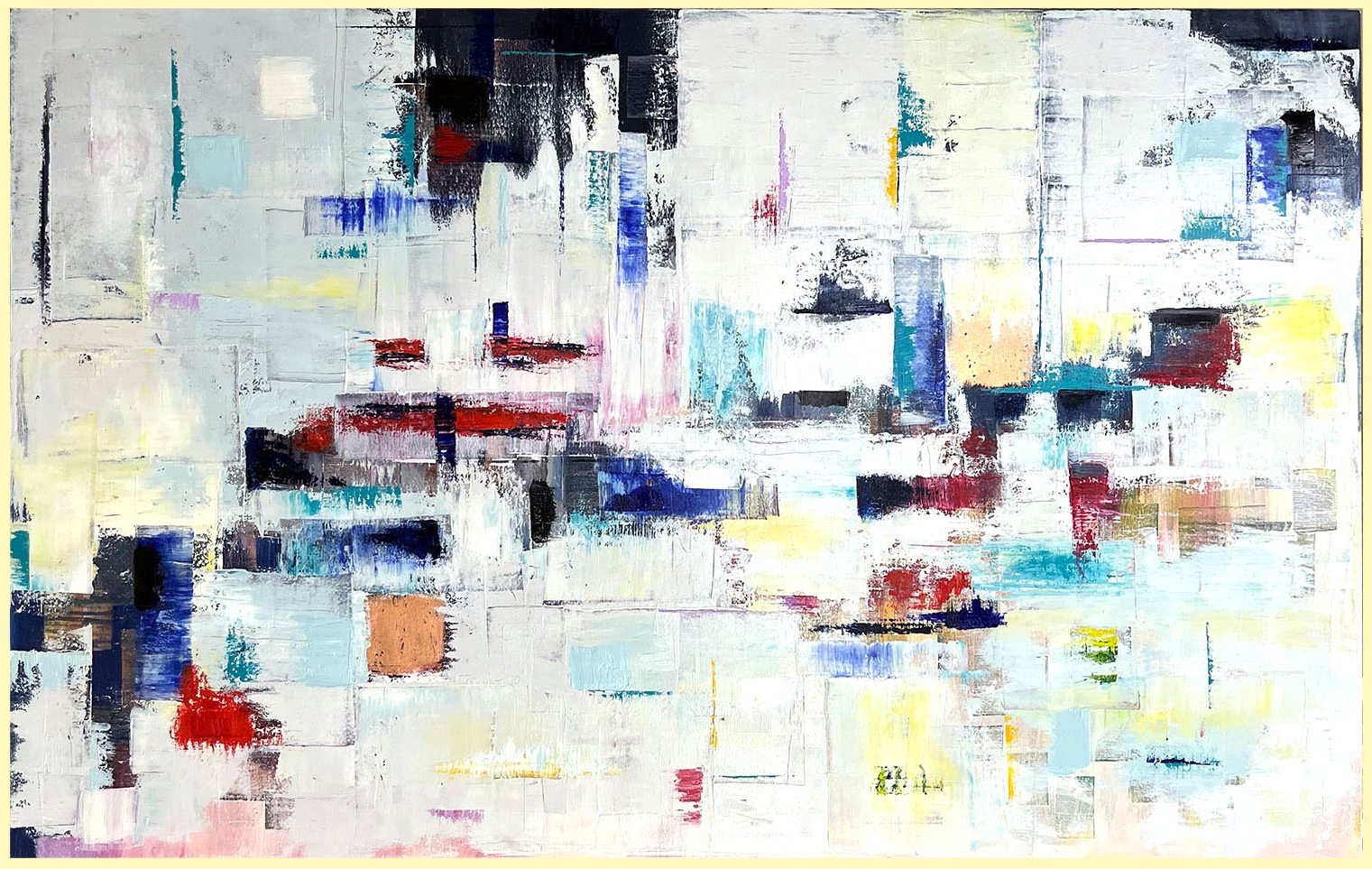 An abstract cityscape of pale rectangles with cobalt, scarlet and turquoise accents.