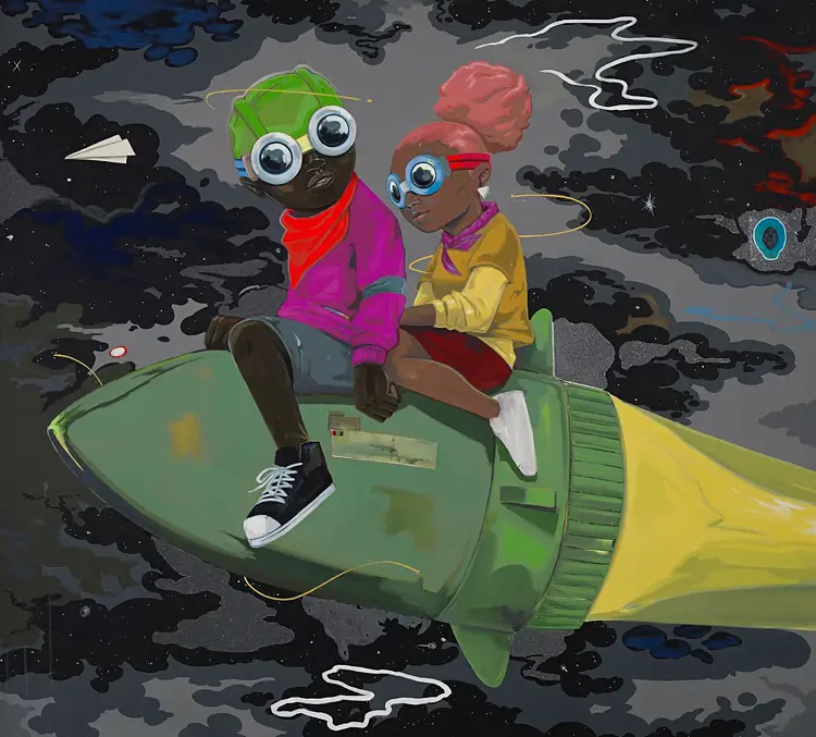 Two young adventurers wearing goggles ride a green rocket through a dark, cloudy sky.