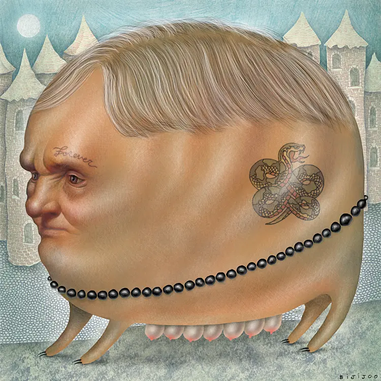 A surreal, round creature with a human face, a string of black pearls and tiny feet, standing before a castle.